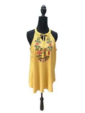 Keep In Touch Boho Hippie Yellow Embroidered Halter Tank Top EUC Size L